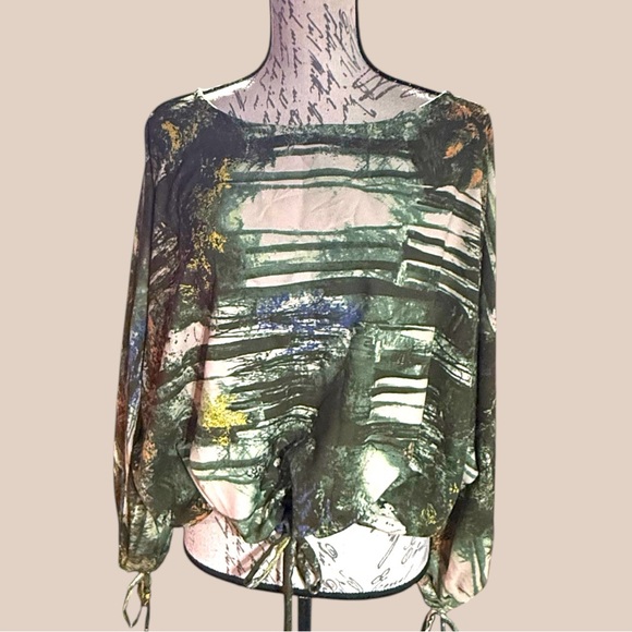 Bryn Walker Gianna Boxy  Top Olive Green Multicolor 3/4 Sleeve L - Picture 2 of 6